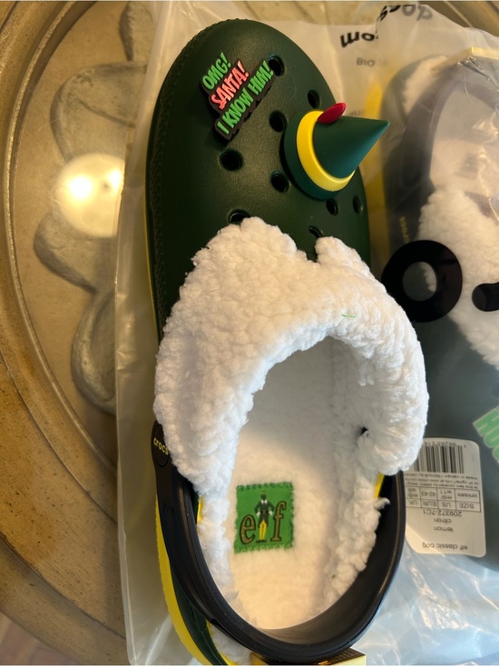 CROCS Shoes - CROCS Green Elf-Themed Faux-Sherpa Lined Clog with Yellow Accent